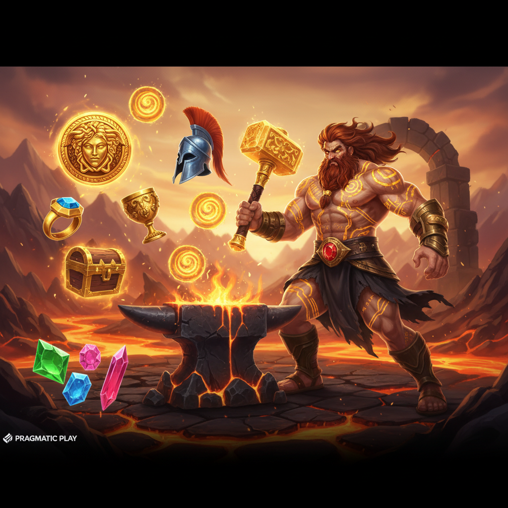 Forge of Olympus Slot - Hephaistos der griechische Schmiedegott mit goldenem Hammer an glühendem Amboss in vulkanischer Schmiede mit Medusa-Schild und mythologischen Symbolen