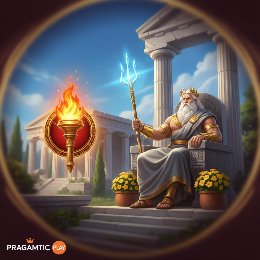 Games in Olympus Slot: Zeus auf Thron mit leuchtendem Stab, olympische Fackel, griechische Marmorsäulen und antiker Tempel im Hintergrund