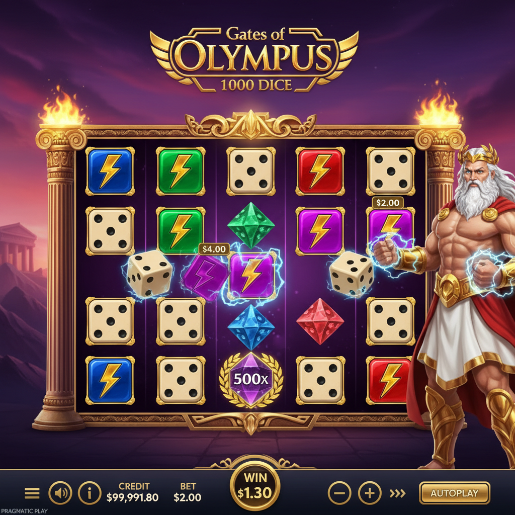 Gates of Olympus 1000 Dice Slot-Spielfeld mit Zeus, goldenem Rahmen, bunten Blitz-Symbolen, Würfel-Symbolen und polyhedral Edelstein-Multiplikatoren auf violettem Hintergrund mit Mount Olympus Tempel