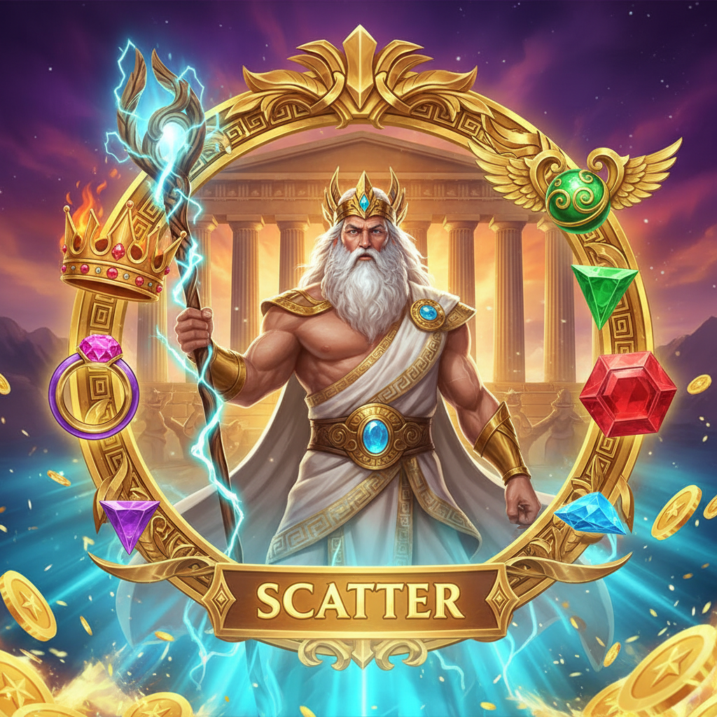 Gates of Olympus 1000 Slot - Zeus mit goldenem Kranz vor griechischem Tempel, Scatter Symbol mit weißem Bart und göttlichem Olymp Hintergrund