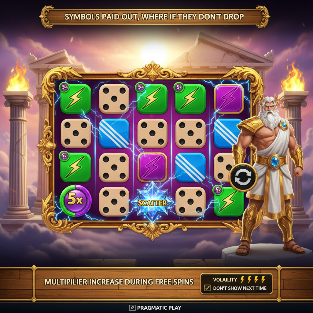 Gates of Olympus Dice Slot – Zeus mit weißem Bart und goldener Rüstung neben dem 6x5 Spielfeld mit leuchtenden Würfeln, grünen Blitz-Multiplikatoren und goldenem barocken Rahmen