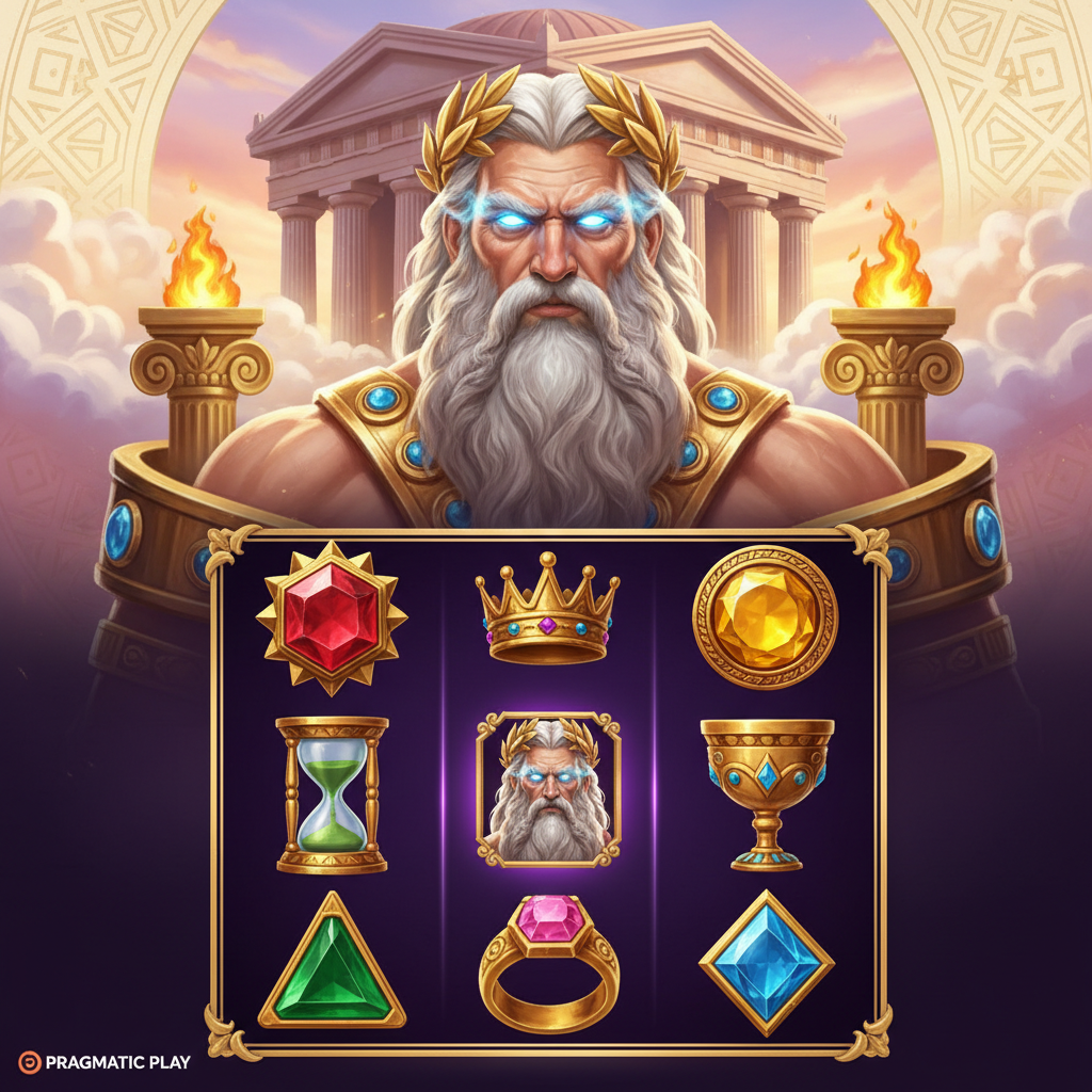 Gates of Olympus Pachi Slot von Pragmatic Play: Zeus mit leuchtendem blauen Blick vor griechischem Tempel, goldene Krone, 3x3 Spielraster mit Krone Sanduhr Ring und bunten Edelstein-Symbolen