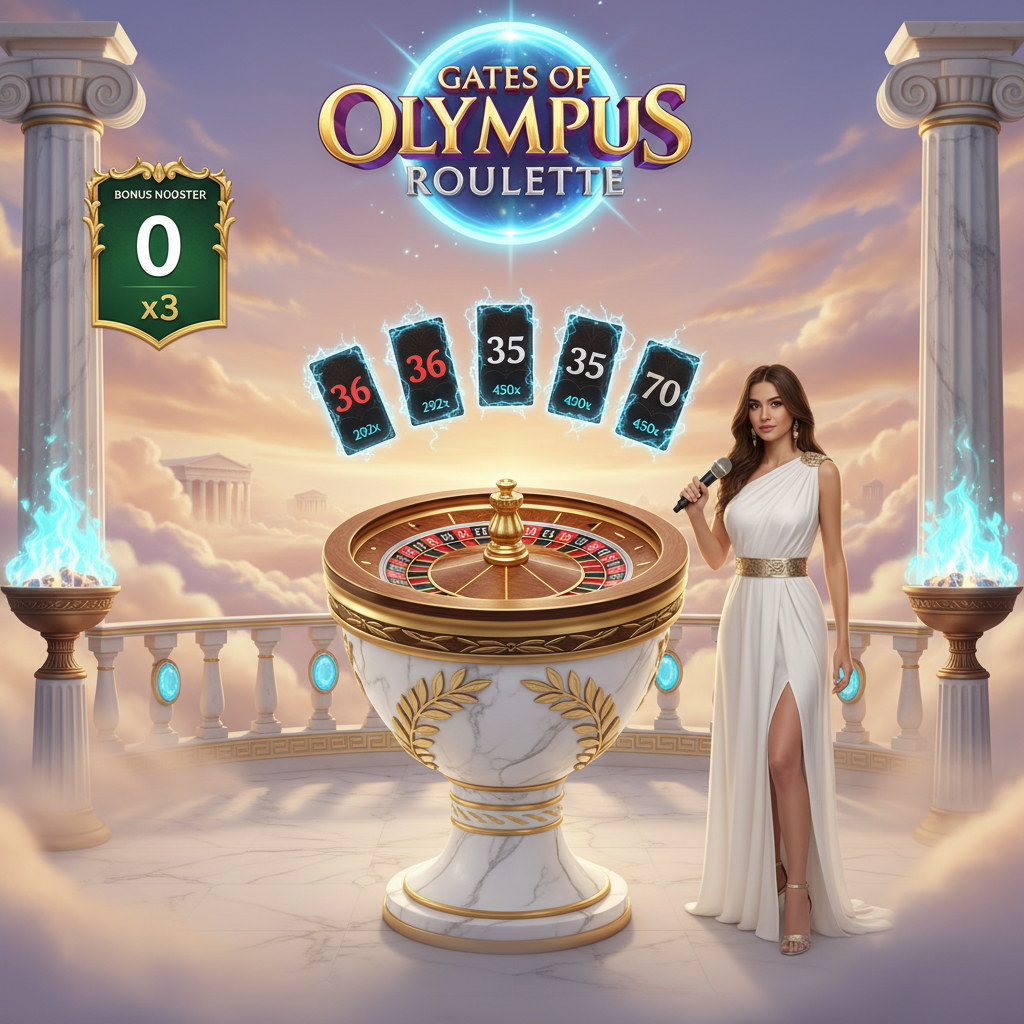 Gates of Olympus Roulette Live-Studio mit Zeus, goldenem Roulette-Rad auf weißem Marmorsockel, griechischen Säulen und mystischen Flammen im Olymp-Setting