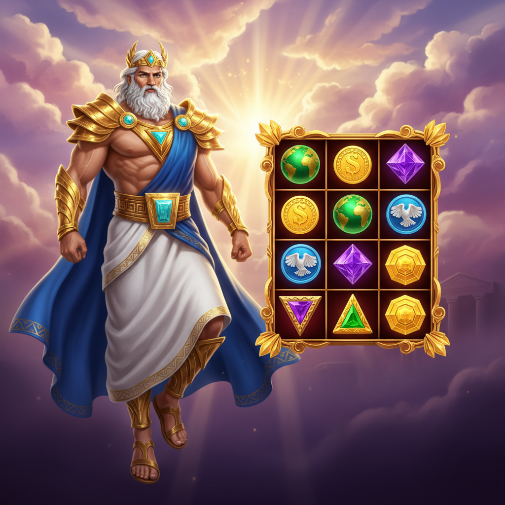Gates of Olympus SUPER SCATTER Slot – Zeus in goldener Rüstung schwebt über violetten und rosa Wolken mit göttlichem goldenem Licht, weißer Bart und Toga, majestätische olympische Atmosphäre