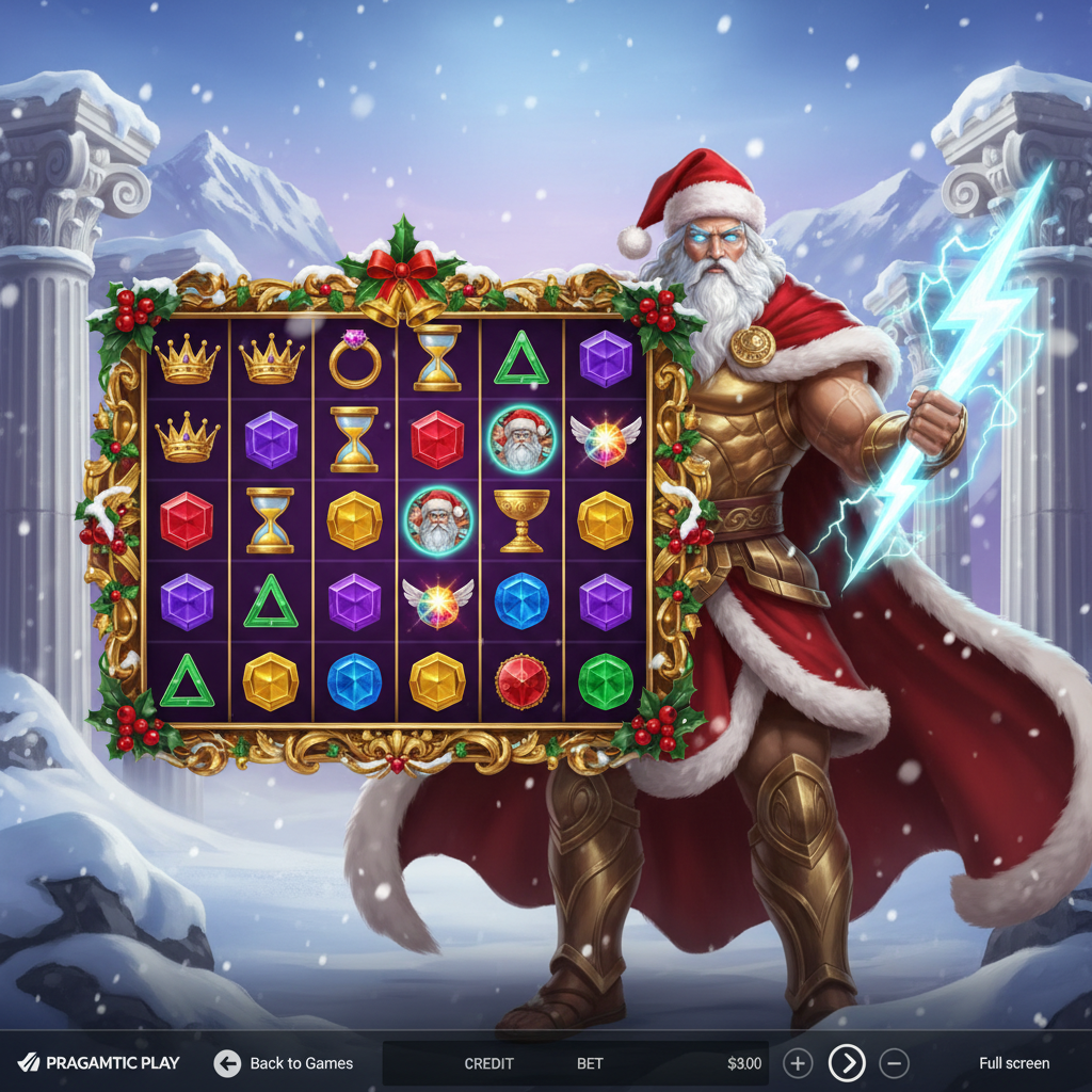 Gates of Olympus X-Mas 1000 Slot - Zeus als Weihnachtsmann mit rotem Mantel und weißem Bart hält einen leuchtenden Blitz vor goldenem griechischen Tempel mit Schnee, 6x5 Spielfeld mit bunten Edelsteinen, Krone und Scatter-Symbolen, Pragmatic Play