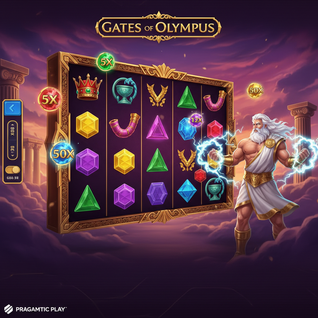 Gates of Olympus Slot mit Zeus der Blitze hält vor griechischen Säulen und Olympus Wolken in lila-rosa Sonnenuntergang mit goldenen Verzierungen
