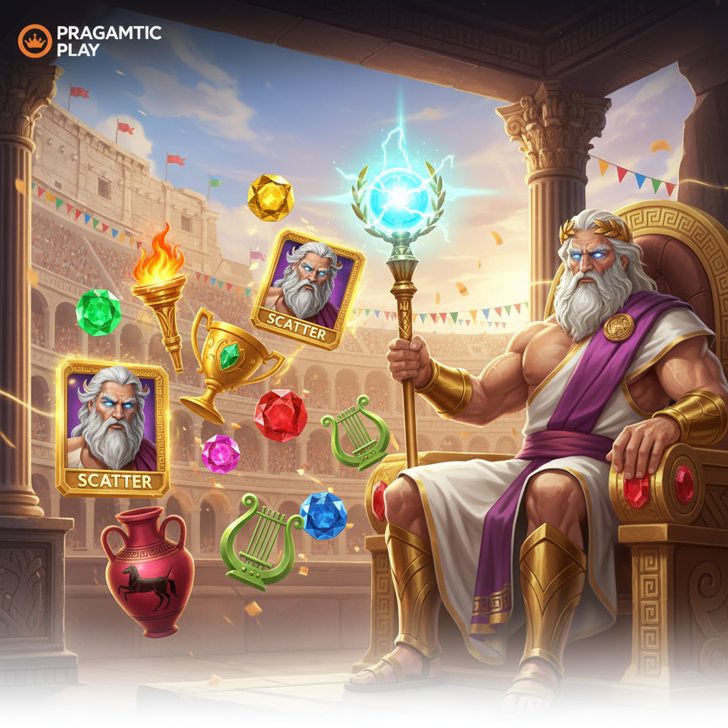 Gates in Olympus 1000 Slot von Pragmatic Play - Zeus auf goldenem Thron mit Zepter im antiken Kolosseum, umgeben von Scatter-Symbolen, goldener Fackel, Trophäen und griechischen Multiplikator-Edelsteinen