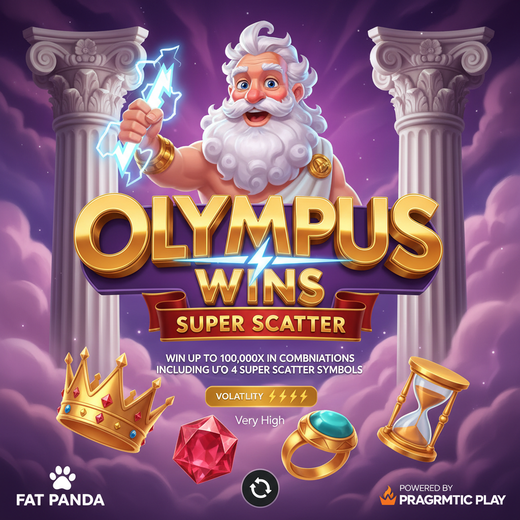 Olympus Wins Super Scatter Slot – Zeus mit Blitz vor griechischem Tempel, goldene Krone, rote Edelsteine, Scatter-Symbole und Multiplikatoren auf violettem Wolkenhimmel