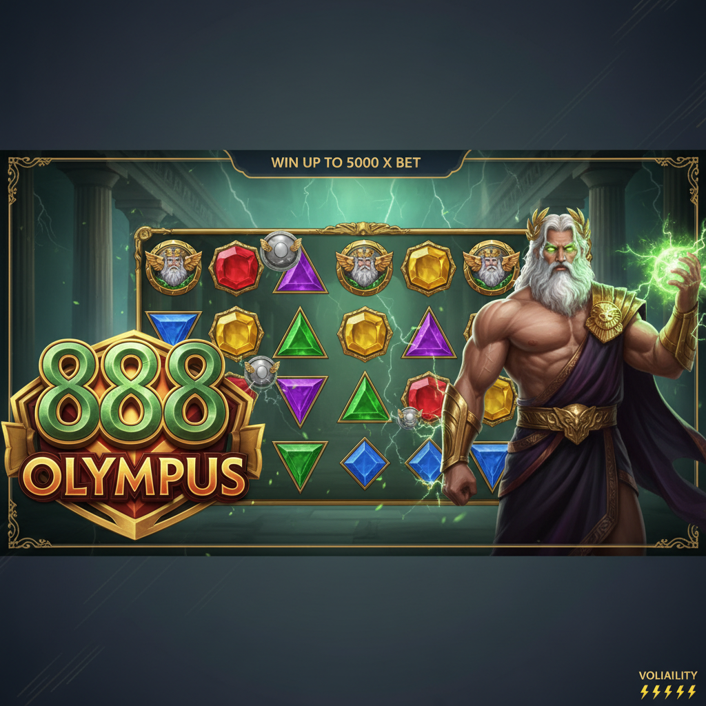 888 of Olympus Slot – Zeus hält grünen Blitz-Orb vor goldenem griechischen Tempel mit 888-Logo, Scatter-Symbolen und Edelstein-Cluster auf 6x5 Grid