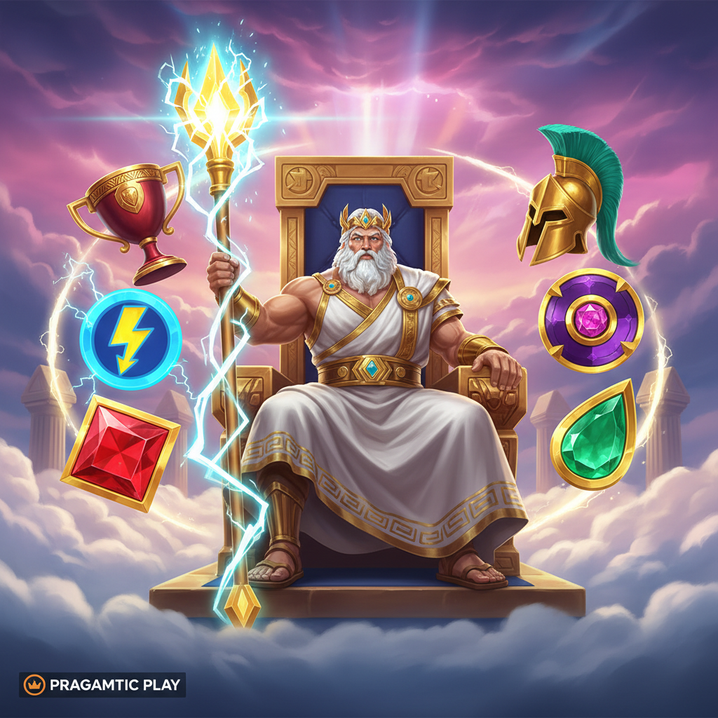 Fortune of Olympus Slot - Zeus auf goldenem Thron mit Blitz und Donner, umgeben von mythologischen Symbolen, Goldtrophäe, Blitzsymbol, Rubin und Smaragd auf Mount Olympus